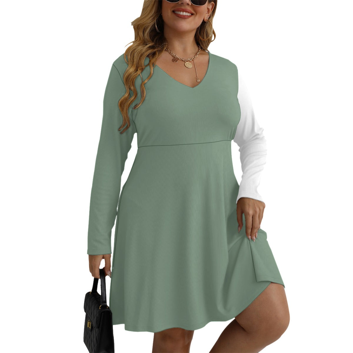 Women's V-neck Long Sleeve Dress(Plus Size)