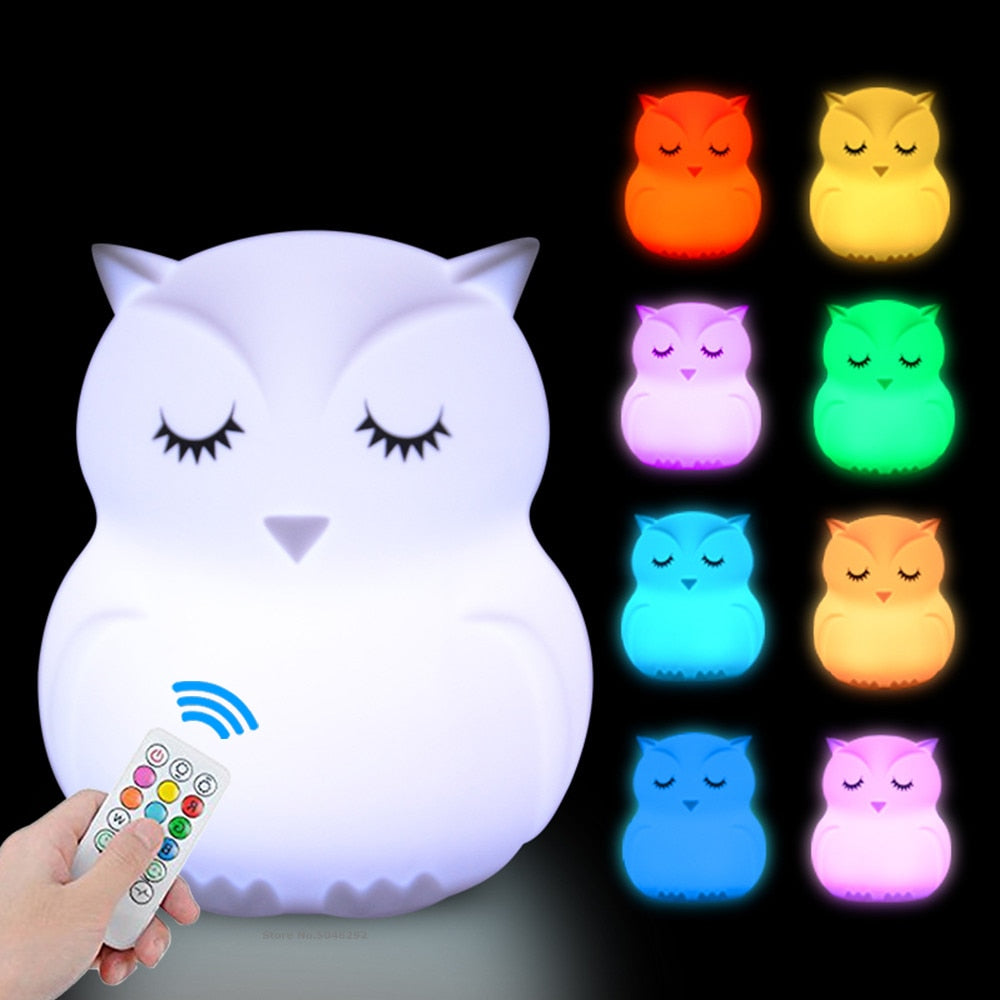 Owl LED Night Light Touch Sensor Remote Control 9 Colors Dimmable Timer Rechargeable Silicone Animal Lamp for Children Baby Gift